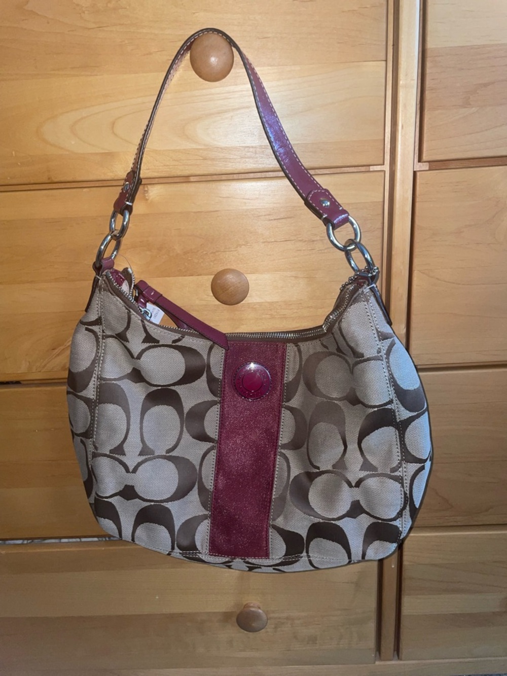 Coach Khaki Signature Canvas Shoulder Bag with Burgundy Trim